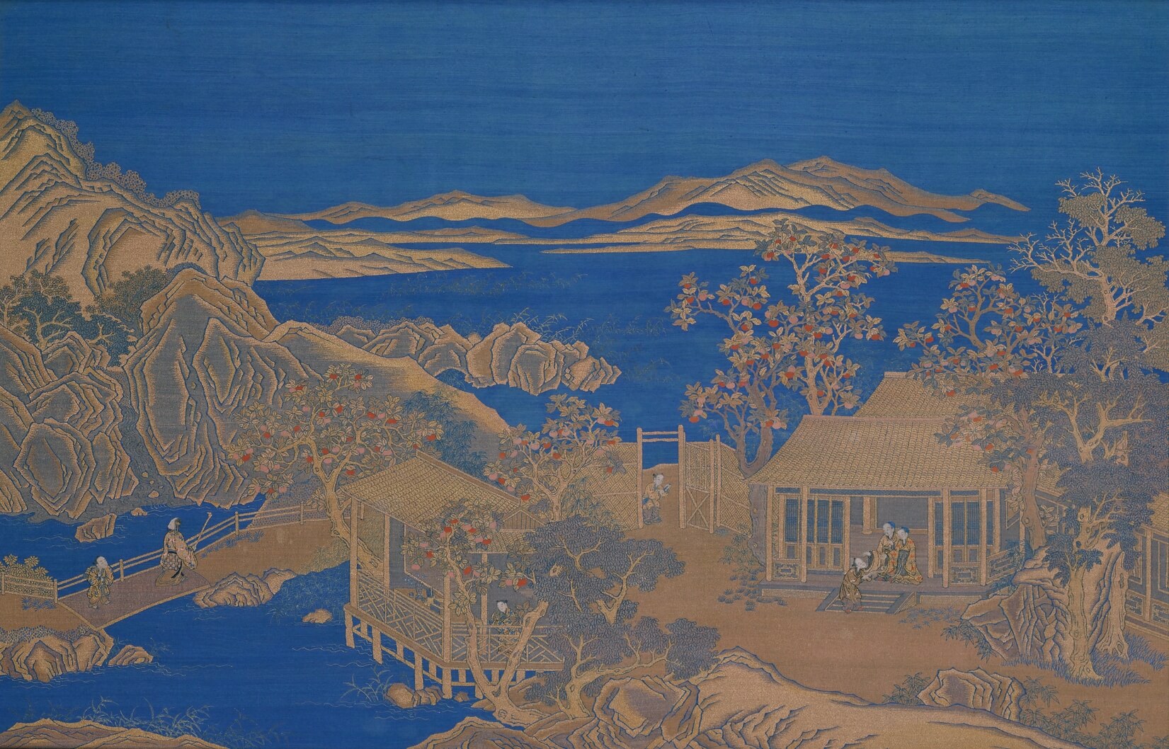 緙金加繡山莊人物圖掛屏