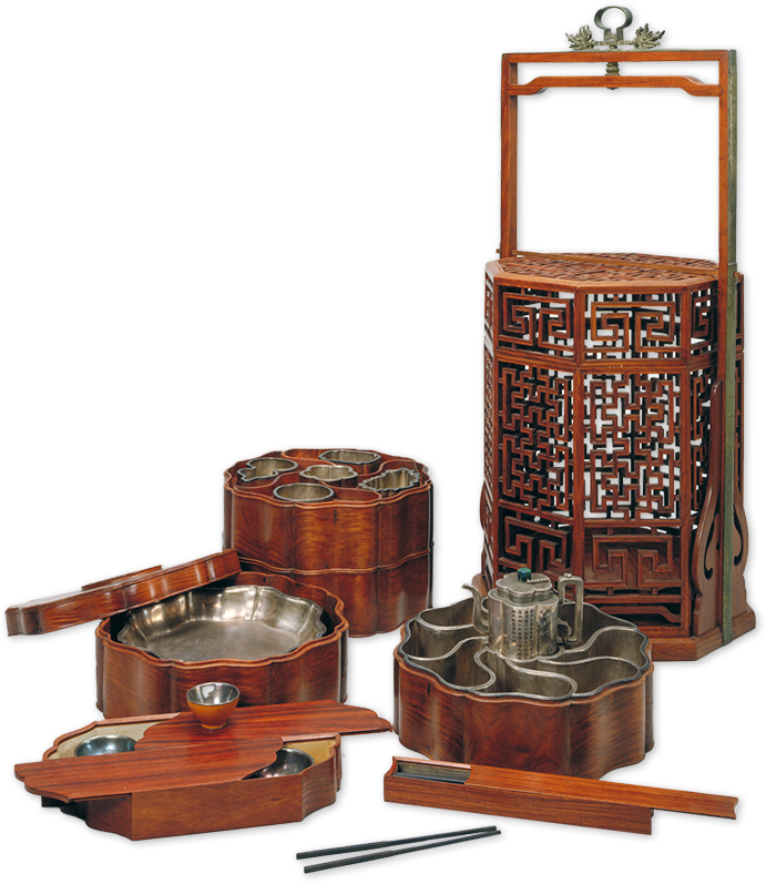 花梨木蟠螭紋鏤空提梁食挑盒