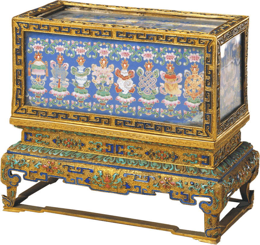 銅鎏金嵌玻璃彩繪《文殊贊佛法身禮經》蓋盒