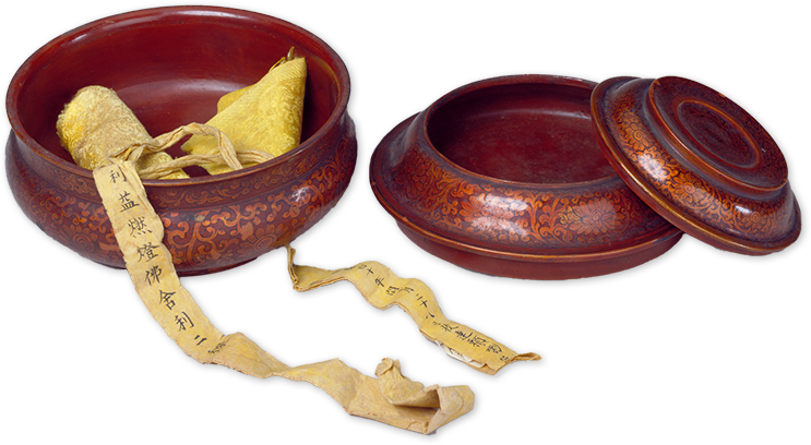 紅漆描金纏枝蓮花雙層佛舍利盒