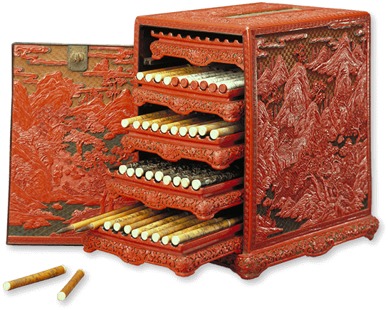 紅雕漆五屜“御制詩花卉紫毫筆”匣