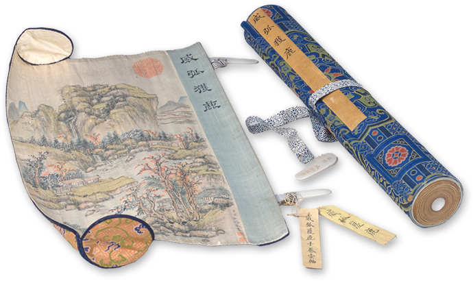 織錦《威弧獲鹿圖》卷軸畫套